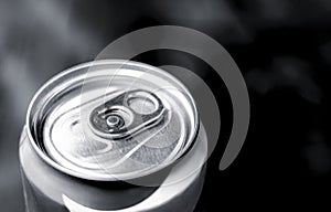 Closeup aluminium cans, focus on pull tab open of canned of soft drink. selective focus