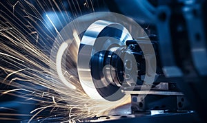 A closeup of an aluminum spool turning on the lathe, with sparks flying around it in blue and white tones. The