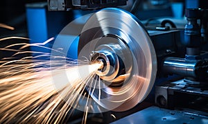 A closeup of an aluminum spool turning on the lathe, with sparks flying around it in blue and white tones. The