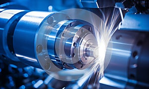 A closeup of an aluminum spool turning on the lathe, with sparks flying around it in blue and white tones. The