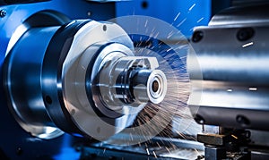 A closeup of an aluminum spool turning on the lathe, with sparks flying around it in blue and white tones. The