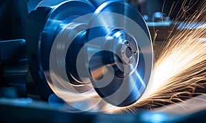 A closeup of an aluminum spool turning on the lathe, with sparks flying around it in blue and white tones. The