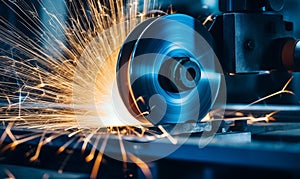 A closeup of an aluminum spool turning on the lathe, with sparks flying around it in blue and white tones. The