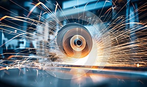 A closeup of an aluminum spool turning on the lathe, with sparks flying around it in blue and white tones. The