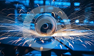 A closeup of an aluminum spool turning on the lathe, with sparks flying around it in blue and white tones. The