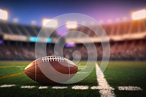 Closeup of American football on fresh field in the evening on the background of blurred stands, ball for American football,