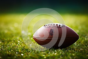 Closeup of American football on vibrant green field, room for copy