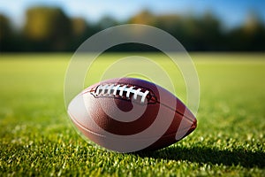 Closeup of American football on vibrant green field, room for copy