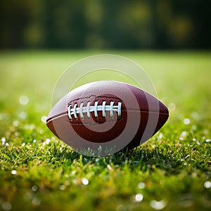 Closeup of American football on vibrant green field, room for copy