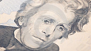 Closeup American money twenty dollar bill. Andrew Jackson portrait, US 20 dollar banknote fragment macro