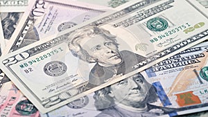 Closeup American money twenty dollar bill. Andrew Jackson portrait, US 20 dollar banknote fragment macro