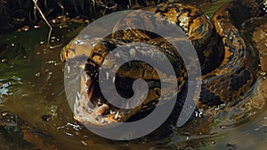 Closeup of an anacondas powerful jaw and sharp teeth as it devours its prey leaving a trail of in the swampy waters