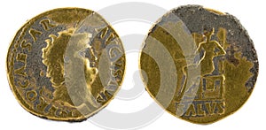 Closeup of an ancient Roman gold aureus coin of Emperor Nero.