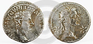 Closeup of an ancient Roman silver denarius coin of Emperor Caligula with Augustus deified.