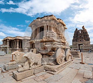 Closeup of the Ancient ruins of Hampi with a bright sky background