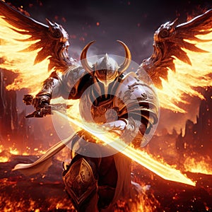 closeup of an angelic golden paladin knight or archangel with flaming sword doing battle