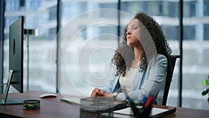 Closeup angry boss looking computer screen in office. Woman tired of troubles