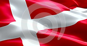 Closeup of animation waving dannebrog denmark flag, with red background and white cross, national symbol of danish