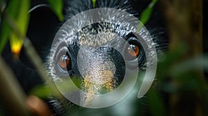 Closeup of an anteaters black beady eyes peering intensely into the gr searching for its next victim