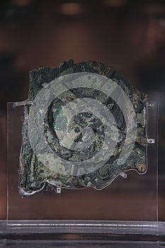 Closeup of the Antikythera mechanism in the National Archeological Museum of Athens