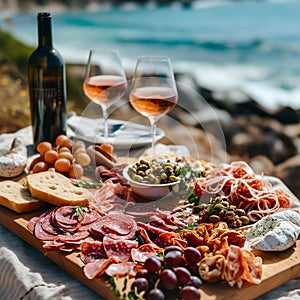 Closeup Antipasto platter with prosciutto crudo or jamon, salami, olives and white wine on a wooden board on the background of the