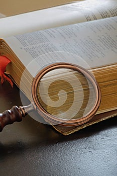 Closeup of an antique magnifying glass rest on an ancient book