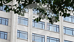 Closeup of appearance of Chinese apartment, low-angle shot of windows in residential building, branches in the foreground