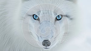 Closeup of an Arctic foxs brilliant blue eyes peering out from its frostcovered face trying to navigate through a