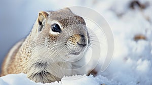 Closeup of an Arctic ground squirrels nose twitching as it sniffs the cold crisp air outside its snow burrow