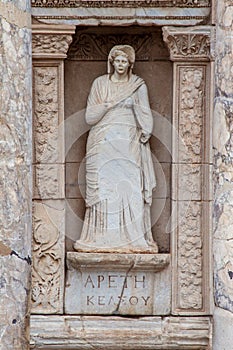 Closeup of Arete statue in the Celsus Library in Ephesus