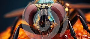 Closeup of an arthropods face with electric blue eyes