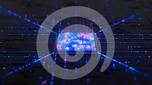 Closeup of Artificial intelligence microchip, central data processing unit on circuit board. Quantum computing core with