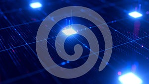 Closeup on artificial intelligence microchip, central data processing unit on circuit board. Quantum computing core with