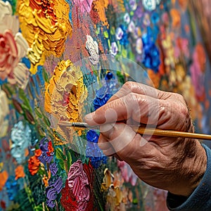 Closeup of an artist\'s hand painting a picture on canvas.