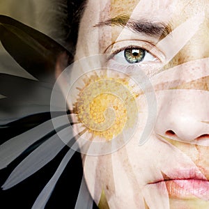 Closeup Artistic Portrait of Woman and with Daisy Superimposed Over Her Face