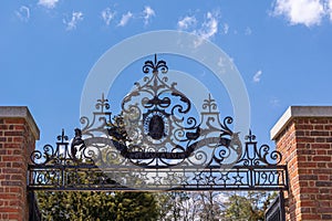 Closeup of artwork at entrance gate at historic Jamestowne, VA, USA