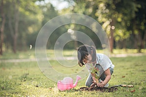 Closeup asian child girl planting a tree in green nature,two hands holding and caring,seedlings or tree growing into soil,world