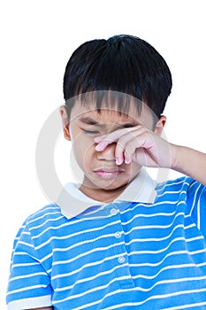 Closeup of asian child sadden and crying, isolated on white back