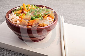 Closeup Asian food of rice noodles and vegetable sauce