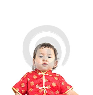 Closeup cute asian kid in red shirt in chinese new year day concept isolated on white background