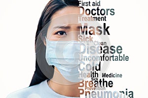 Closeup asian woman face wearing  protection mask to prevent germ, virus concepts