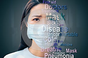 Closeup asian woman face wearing  protection mask to prevent germ, virus concepts photo