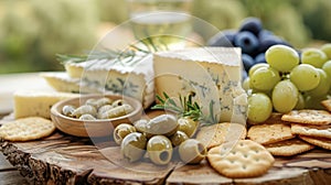 A closeup of assorted cheeses olives and crackers on a rustic wooden ting board at a vineyard picnic spread