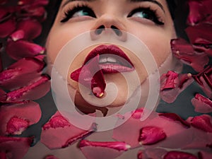 Closeup on attractive sensual woman relaxing in spa bath with flower rose petals background