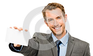 Closeup of attractive young man holding placard sign on white b