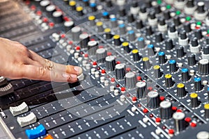 Closeup of audio mixer control panel