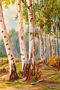 Closeup of Autumn Landscape with White Birch Trees Oil Painting