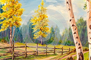 Closeup of Autumn Landscape with White Birch Trees Oil Painting