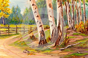 Closeup of Autumn Landscape with White Birch Trees Oil Painting