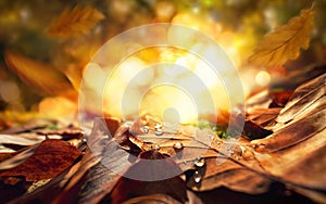 Closeup of autumn leaves on a forest ground